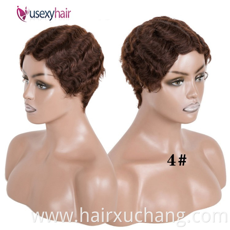 Short Black Curly Wigs For Black Women None Lace Machine Made Pixie Cut Finger Wave Human Hair Wigs